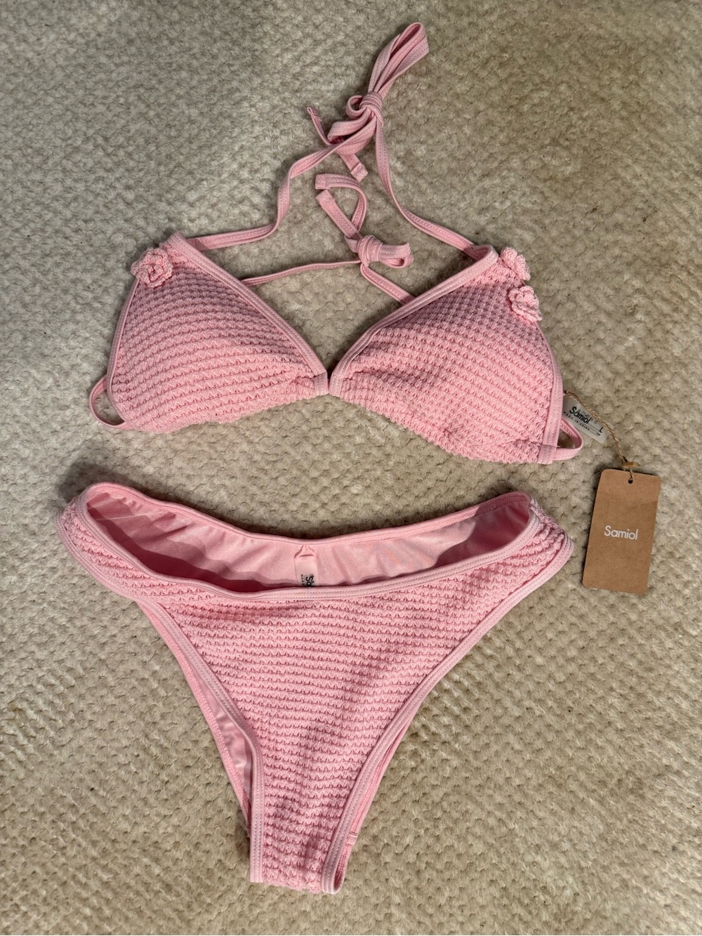 Pink Textured Crochet Bikini Set - Samiol Tag